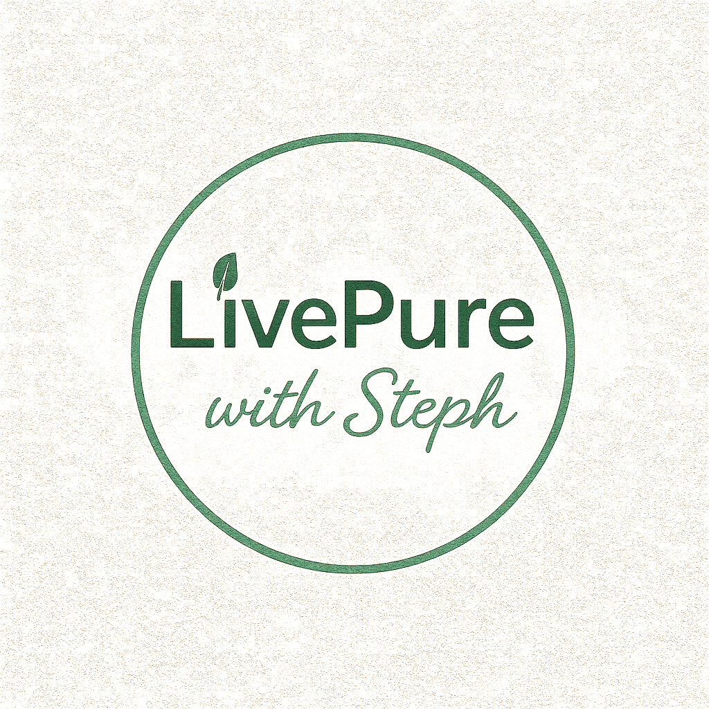 Logo with a green circle outline. Inside, it says LivePure with Steph in green text, with a leaf replacing the dot over the i in LivePure. The background has a light textured pattern.
